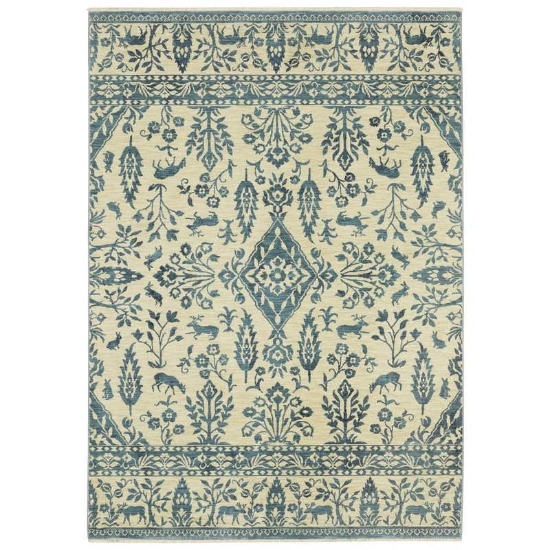 AVERLEY HOME Fleetwood Ivory/Blue 10 ft. x 13 ft. Border Oriental Floral Polypropylene Fringe Edge Indoor Area Rug 714983