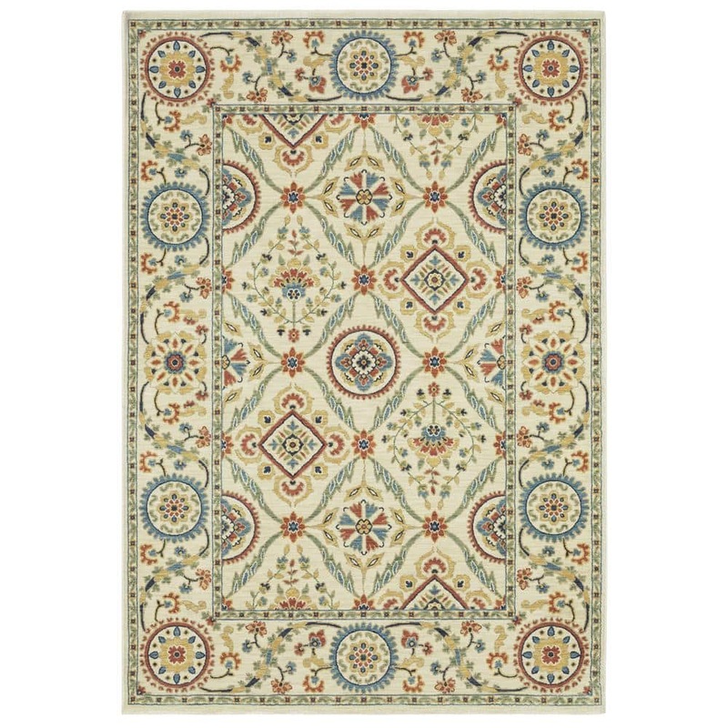 AVERLEY HOME Fleetwood Ivory/Multi-Colored 5 ft. x 8 ft. Traditional Oriental Floral Polypropylene Fringe Edge Indoor Area Rug 714891