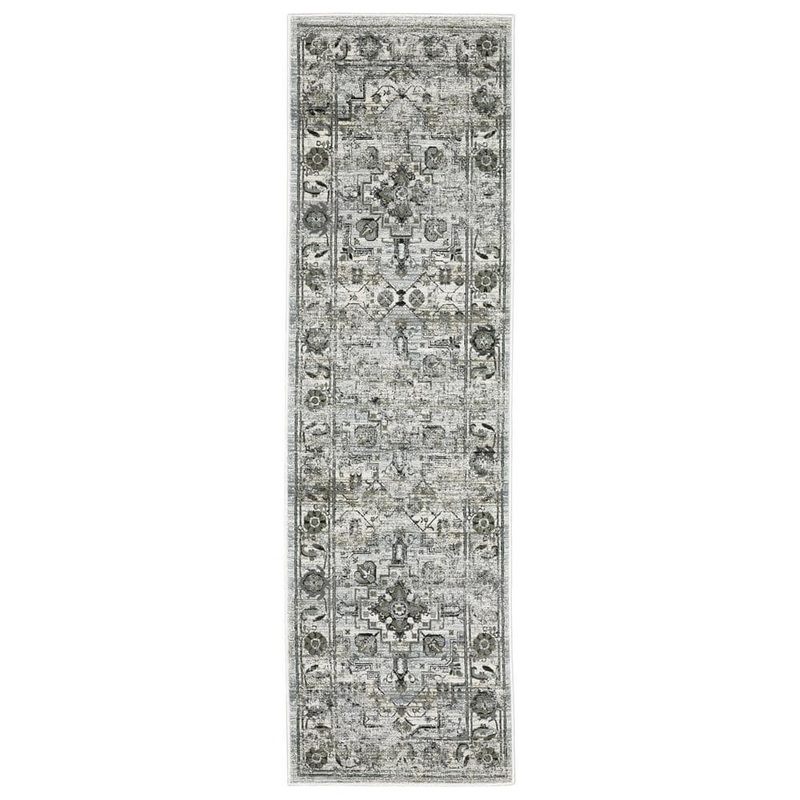AVERLEY HOME Galleria Gray/Blue 2 ft. x 8 ft. Oriental Distressed Medallion Polyester Indoor Runner Area Rug 736985