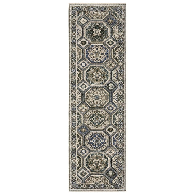 AVERLEY HOME Hunter Ivory/Blue 2 ft. x 8 ft. Persian Geometric Medallion Polyester Fringe-Edge Indoor Runner Area Rug 737944