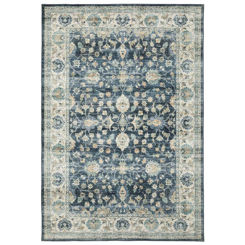 AVERLEY HOME Summit Blue/Ivory 5 ft. x 7 ft. Traditional Oriental Border Polyester Machine Washable Indoor Area Rug 701969