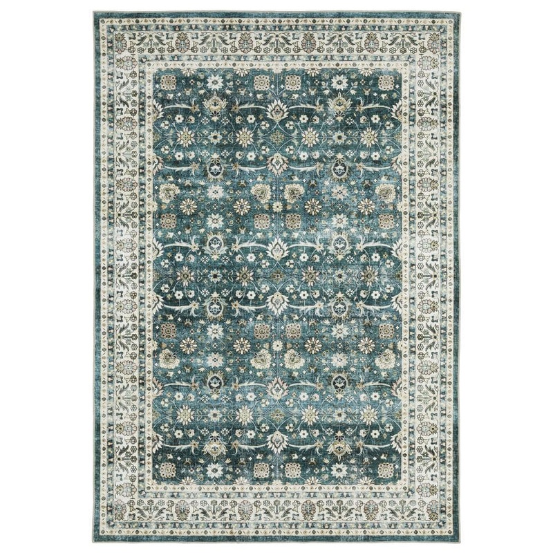 AVERLEY HOME Summit Teal/Ivory 4 ft. x 6 ft. Traditional Oriental Border Polyester Machine Washable Indoor Area Rug 702195