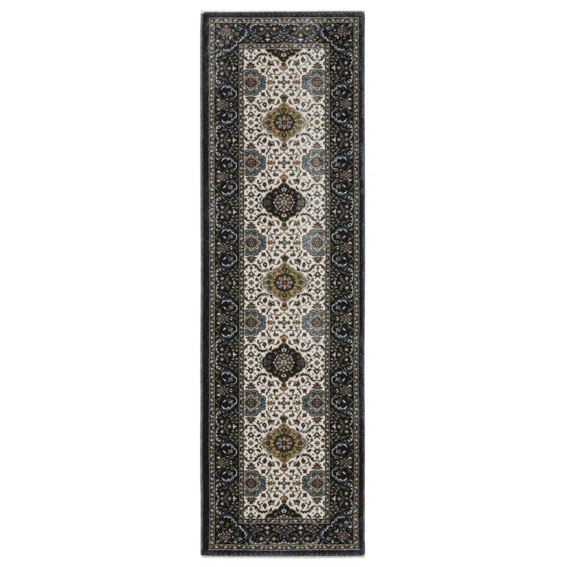 AVERLEY HOME Victoria Ivory/Navy 2 ft. x 8 ft. Oriental Panel Medallion Polyester Fringed-Edge Indoor Runner Area Rug 743747
