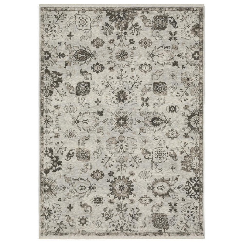 AVERLEY HOME Channing Ivory/Gray 5 ft. x 8 ft. Persian Floral Distressed Polyester Fringe Edge Indoor Area Rug 736176