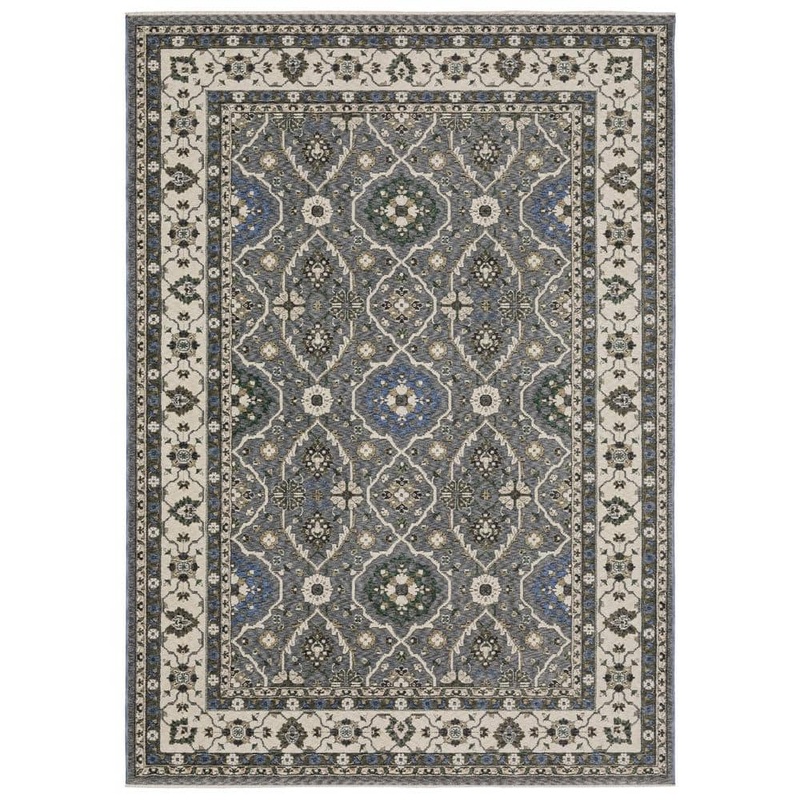 AVERLEY HOME Hunter Blue/Ivory 5 ft. x 8 ft. Bordered Floral Oriental Polyester Fringe-Edge Indoor Area Rug 738200