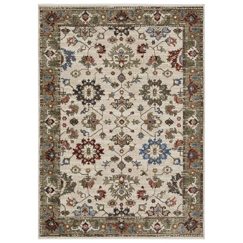 AVERLEY HOME Hunter Ivory/Green 5 ft. x 8 ft. Bordered Oriental Polyester Fringe-Edge Indoor Area Rug 737784