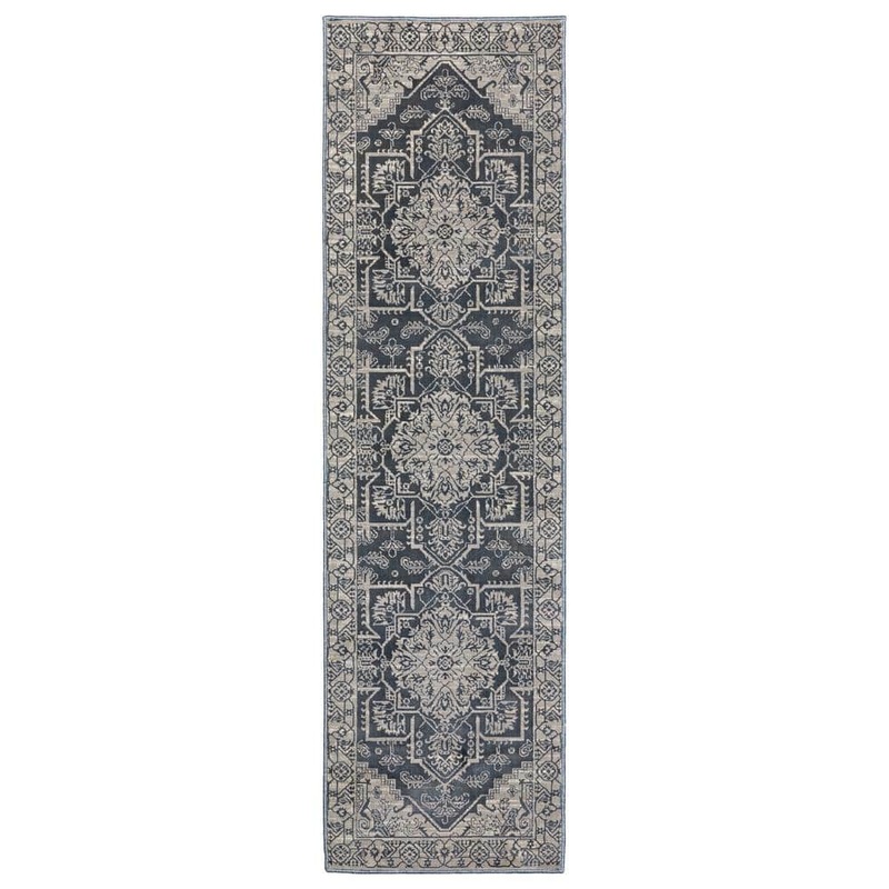AVERLEY HOME Imperial Blue/Gray 2 ft. x 8 ft. Old World-Inspired Center Oriental Medallion Polyester Indoor Runner Area Rug 715591