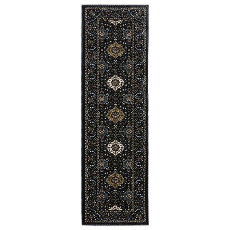 AVERLEY HOME Victoria Navy/Gold 2 ft. x 8 ft. Oriental Panel Medallion Polyester Fringed-Edge Indoor Runner Area Rug 743686