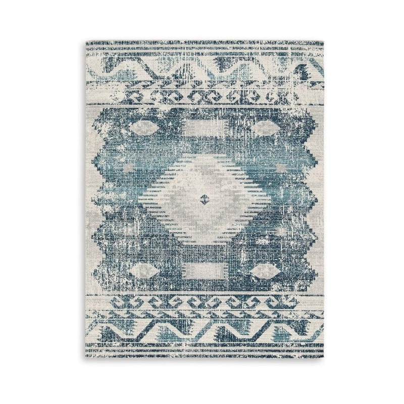 Benjara Daisy Gray, Blue and Ivory 8 ft. x 10 ft. Geometric Area Rug BM318375