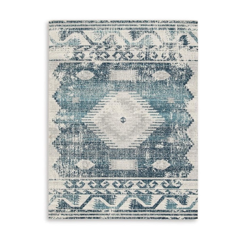 Benjara Daisy  Gray, Blue and Ivory Geometric 5 ft. x 7 ft. Area Rug BM318376